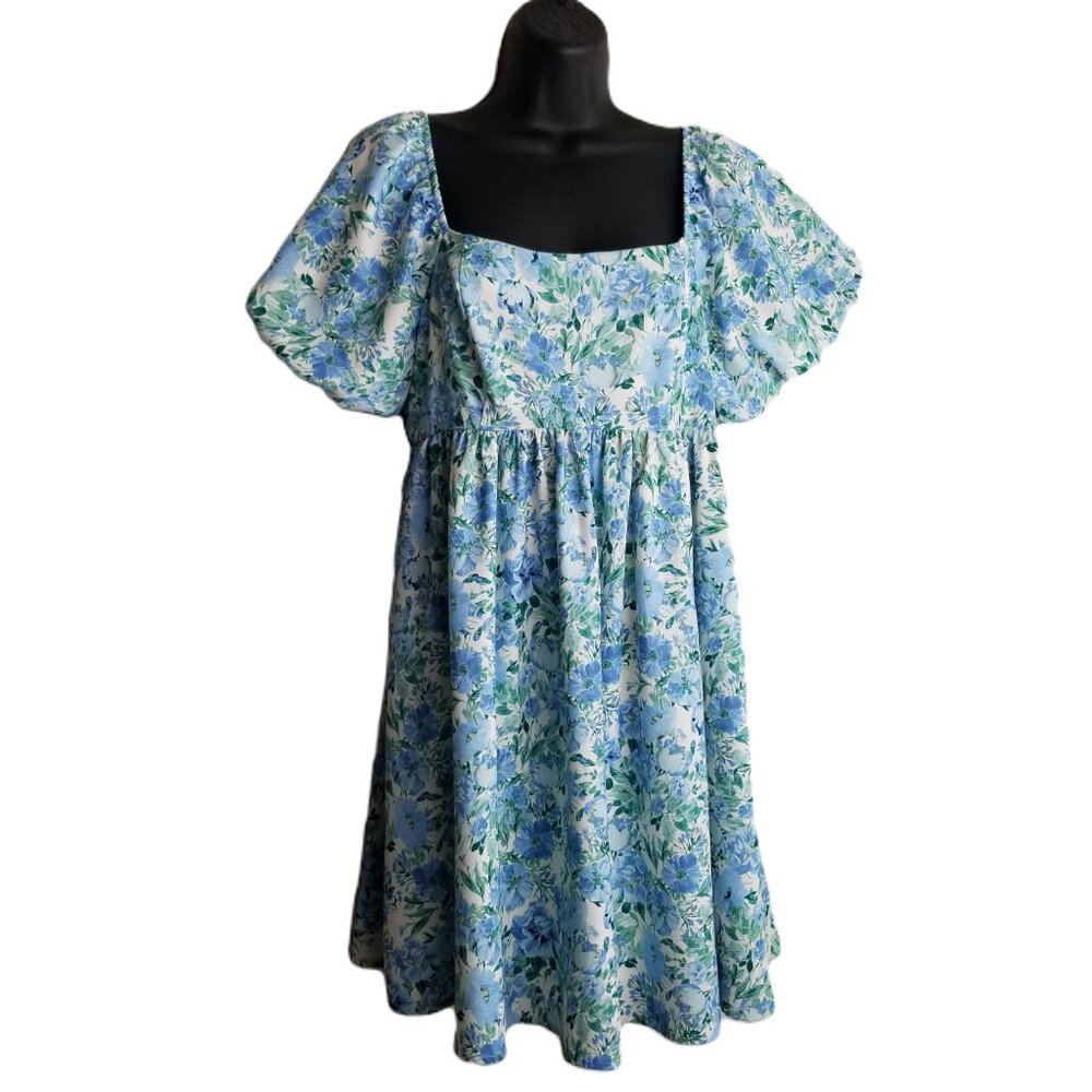 Altar'd State Floral Dress Medium NWT Blue White Square Neck Puff Sleeve
